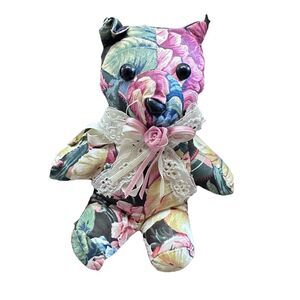 Vintage Multicolor Floral Fabric Lace Bow Pink And White Ribbon Rose Bear